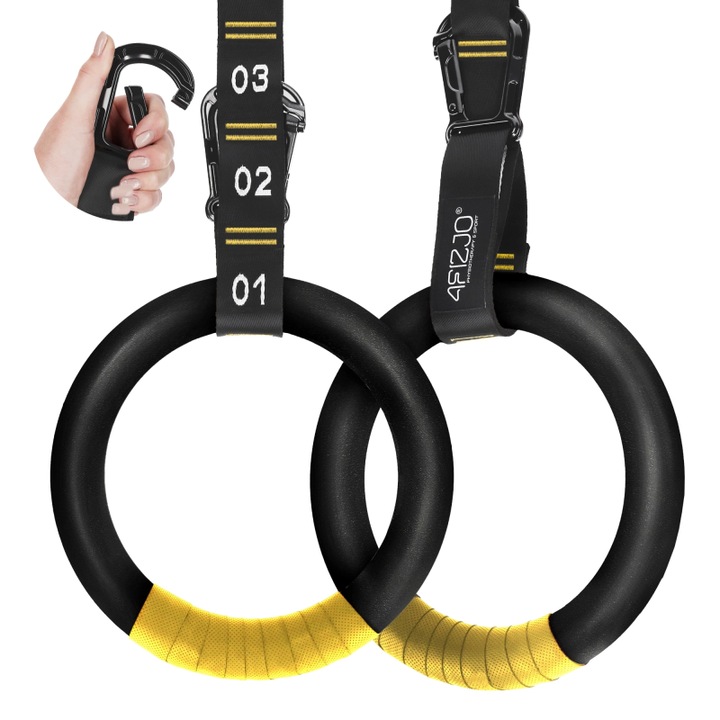 Placi gimnastice cu inele, 4FIZJO, ABS rezistent, curele reglabile numerotate, carabiniere cu surub pentru siguranta, diametru 23 cm, lungime curea 245 cm, greutate maxima 200 kg, set complet cu accesorii pentru antrenament functional, negru/galben