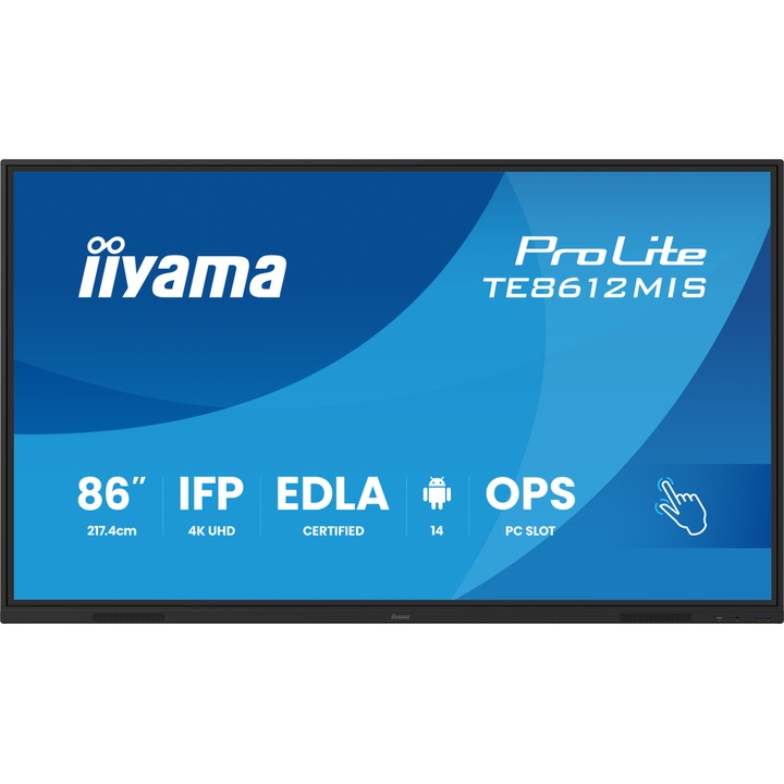 Tabla interactiva IIYAMA 86" TE8612MIS-B4AG, Ultra HD 3840x2160, 40 Touchpoints, Wi-Fi, Android, 8GB RAM, 128GB Flash, 6.5ms
