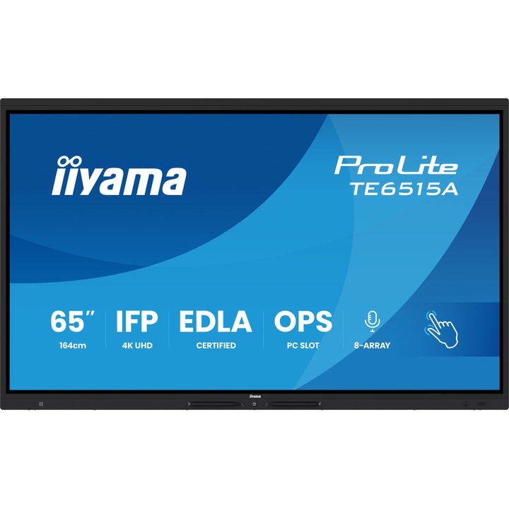 Интерактивна бяла дъска IIYAMA 65" TE6515A-B1AG, Ultra HD 3840x2160, 40 точки на докосване, Wi-Fi, Android, 16GB RAM, 128GB Flash, 8ms