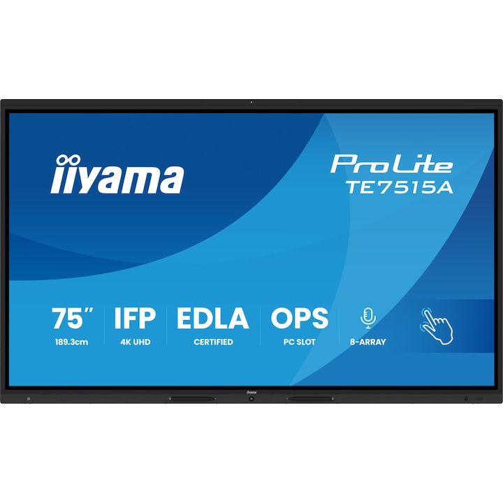 Интерактивна бяла дъска IIYAMA 75" TE7515A-B1AG, Ultra HD 3840x2160, 40 точки на докосване, Wi-Fi, Android, 16GB RAM, 128GB Flash, 8ms