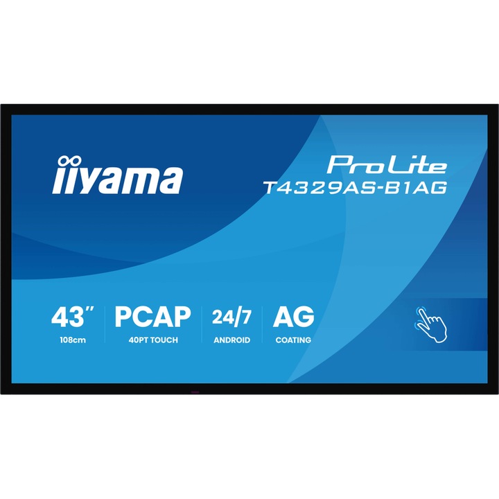 Tabla interactiva IIYAMA 43" T4329AS-B1AG, Ultra HD 3840x2160, 20 Touchpoints, Wi-Fi, Android, 4GB RAM, 32GB Flash, 6.5ms
