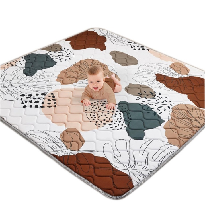 Covoras de Joaca pentru Bebelusi si Copii, 127x127 cm (50"x50") - Gros, Extrabumbac, Impermeabil, Antiderapant - Paturta Joaca Pentru Playpen si Parchet, Pliabil, Poate fi Spalat in Masina, Design Boho