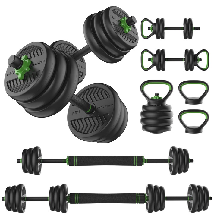 Set multifunctional Tunturi Vinyl Barbell & Dumbbell 28 kg, gantere reglabile, bara, kettlebell, suport flotari si sac de forta, ideal pentru antrenamente acasa