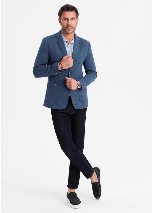 Sacou SLIM din tesatura tricotata cu textura subtila OMBRE OM-BLZB-0101, Albastru, Albastru