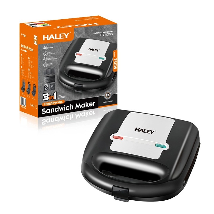 Sandwich Maker 3 in 1 HALEY® HY-1036, Placi Interschimbabile, Grill si Waffle, Putere 750W, Design Compact, Negru