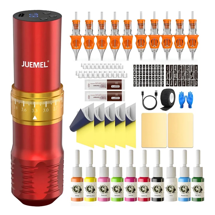 Set masina de tatuat fara fir, JUEMEL, M7096, aluminiu, 7 moduri, 10000RPM, 2400mAh, 10 culori, cu 10 de ace, design ergonomic, compact si portabil, stil stilou, Rosu auriu