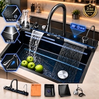 Chiuveta Inteligenta Multifunctionala 4-in-1 Cu Afisaj Digital Temperatura, Robinet Cascada, Dozator Sapun, Spalator Pahare, Otel Inoxidabil Su304, Design Premium, Smart Gadgets C&A Negru-Gri 75X45X25