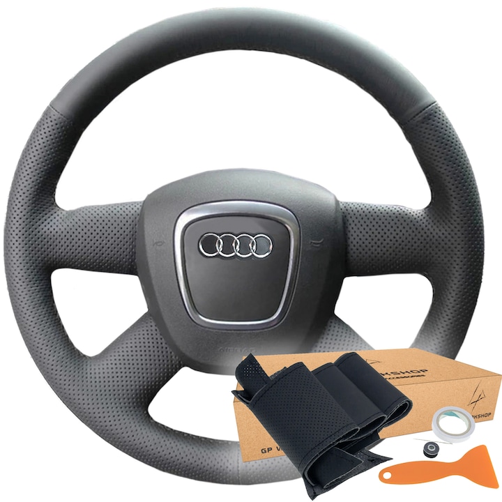 Set obsidiana volan Audi A3, A4 B8, A6 C6, A8, Q5, Q7, negru mat, din piele ecologica