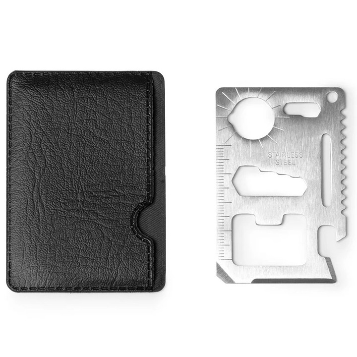 Kit supravietuire, card multifunctional 11 in 1, orel inoxidabil, husa inclusa, argintiu