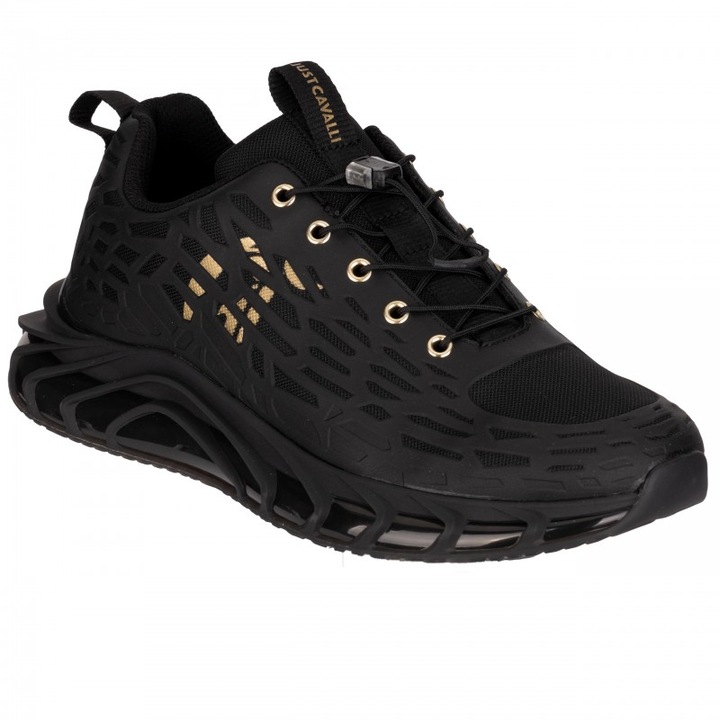 Pantofi sport barbati, JUST CAVALLI, 77QA3SQ3 FONDO LETO, cu insertii aurii, piele ecologica, negru, 40 EU