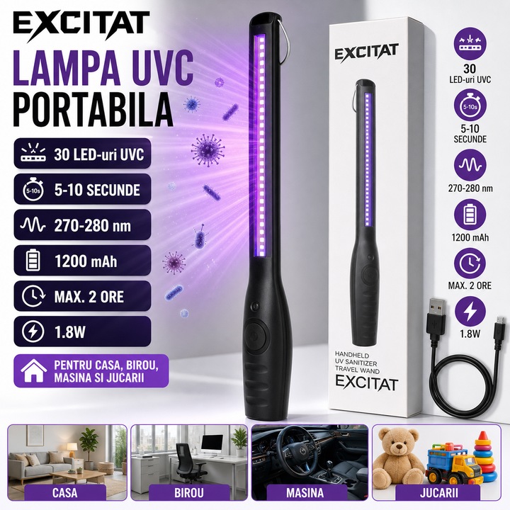 Lampa UVC Bactericida Portabila Wireless, Excitat®, Inrcarcabila, Sterilizare Rapida 5-10 secunde, 30 LED-uri UVC, Autonomie Max. 2 ore, 1200 mAh, Putere 1.8W, Lungime de unda 270–280 nm, Profesionala, pentru casa, birou, masina si jucarii, Negru