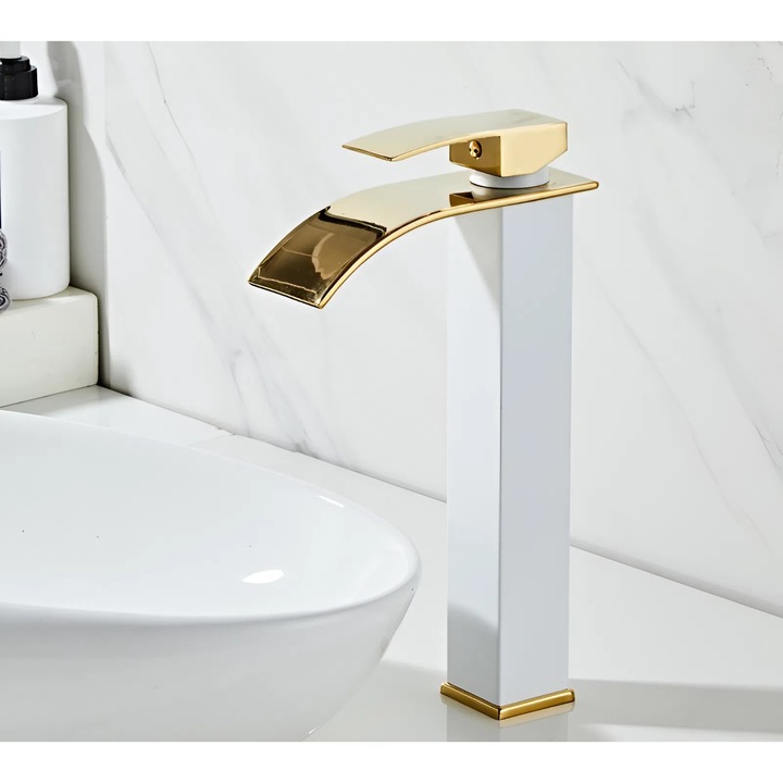 Смесител за мивка за баня Smart Gadgets C&A, Тип Водопад, Естествена струя, Вдъхновена от природата, Двоен контрол за топла и студена вода, Керамична сърцевина, Плетен маркуч от неръждаема стомана против спукване, Неръждаема стомана, Бяло Златист, 30 СМ