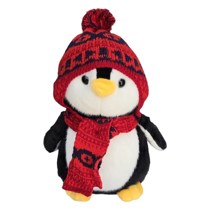 Pinguin de plus, realist, caciula si fular, rosu/multicolor, 30 cm