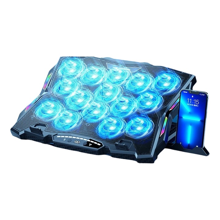 Racitor laptop gaming ICECOUPEL A9R, KuviKoo™ 15 ventilatoare turbina, motor 9000 RPM, reglare ergonomica 8 trepte, afisaj LCD temperatura, RGB personalizabil, porturi USB & Type-C, suport telefon detasabil, silentios si multifunctional