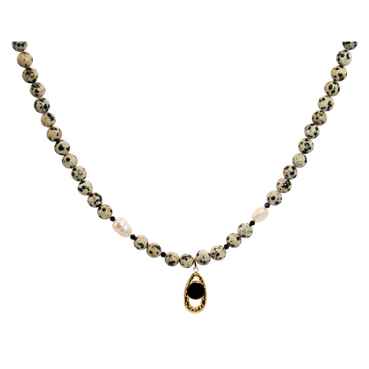 Colier Dalmatian din pietre naturale Jasp si perle de cultura lucrat manual - accesorii din otel inoxidabil placat cu aur 18k