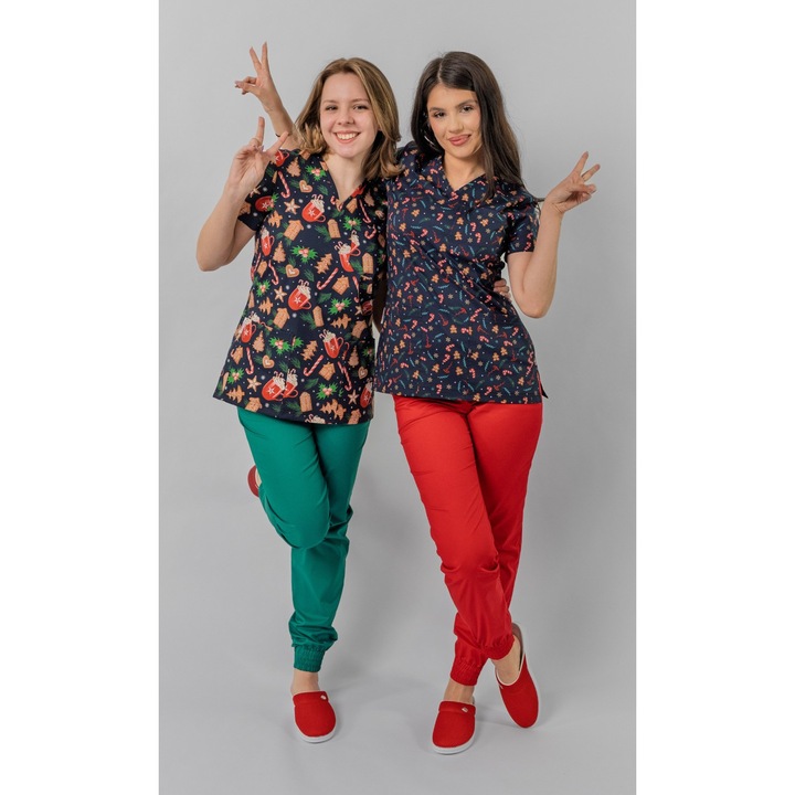 Bluza medicala Ana, de dama, cu imprimeu cod 89, cambrata, guler in V, marime L