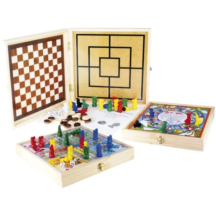 Set jocuri de societate/jocuri de masa, cutie din lemn, piese colorate si zaruri incluse, Multicolor, 100 jocuri traditionale