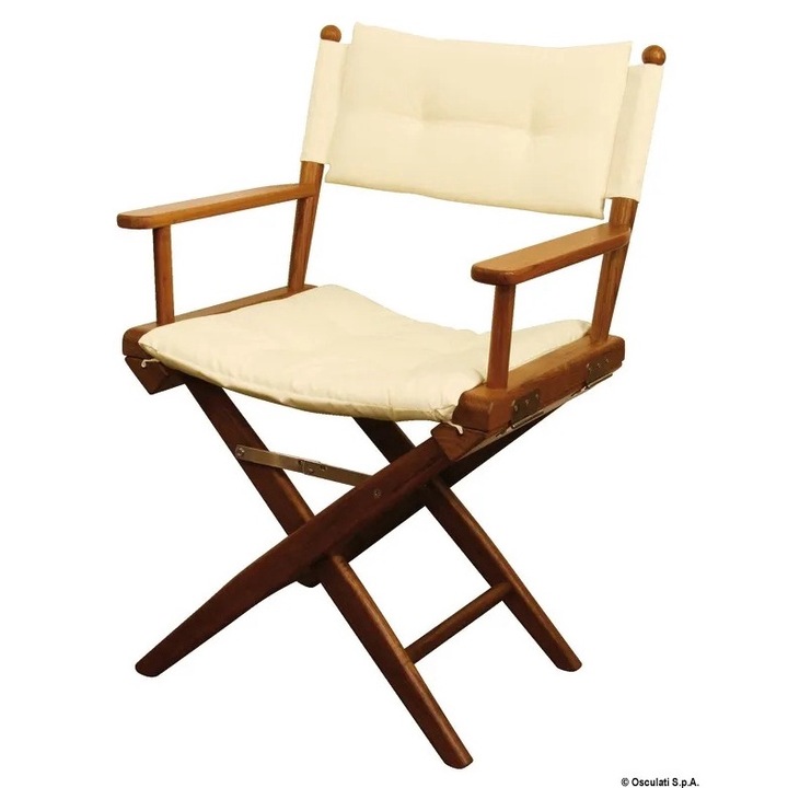 Сгъваем стол от тиково дърво с подплатен плат, бежов, месингови фитинги