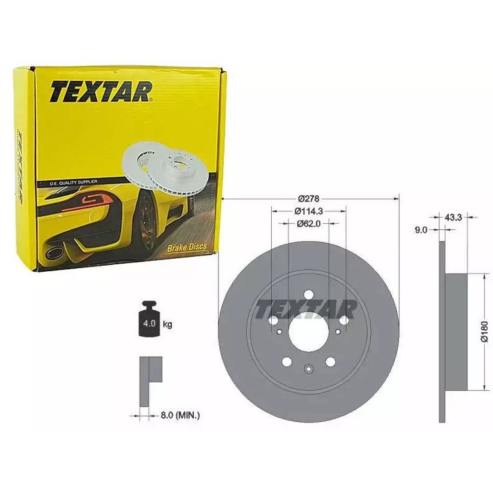 TEXTAR féktárcsa, 278x43,3mm, 9mm vastagságú, 5/08 furatos, kő nélkül, csavarok nélkül, SUZUKI SX4 1.5-2.0 DDIS 06- modellekhez