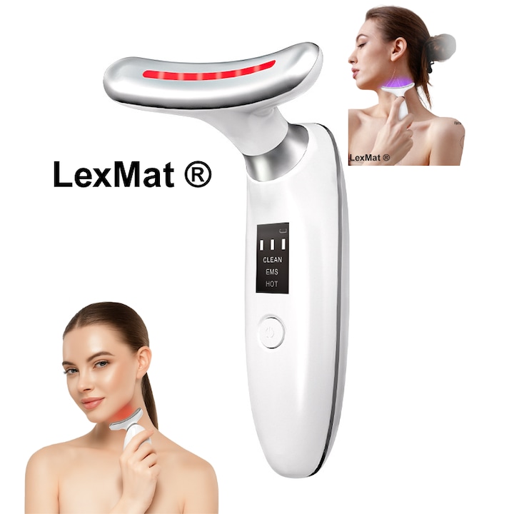 Aparat masaj gat netezire piele gat, Dispozitiv de ingrijire a Gatului si Facial LexMat®, Electrostimulare Musculara, Terapie Cu Fotoni si Vibromasaj, Terapie cu Lumina LED, Dispozitiv de fototerapie a gatului si facial, Reintinerire faciala cu LED, Alb