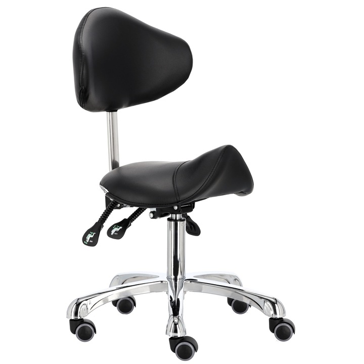 Taburet cosmetic Calissimo cu spătar, reglabil, bază de oțel, rotile pivotante, alb, înălțime 40x55cm