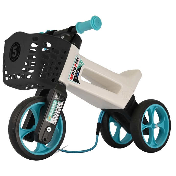 Bicicleta fara pedale cu cosulet pentru ghidon, 2 in 1, 18+ luni, pneuri si manere de cauciuc, 4 nivele de reglaj pe inaltime, Funny Wheels Rider SuperSport Dakar Podmol/Black