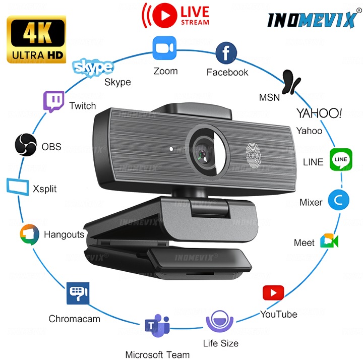 Уебкамера 4K UHD INOMEVIX®, уебкамера с автофокус, 8X тъч зуум, двоен микрофон с шумопотискане, магнитен капак, USB-C, Plug & Play, съвместима с Windows/Mac/Linux, уебкамера за конференции и лайв стрийминг