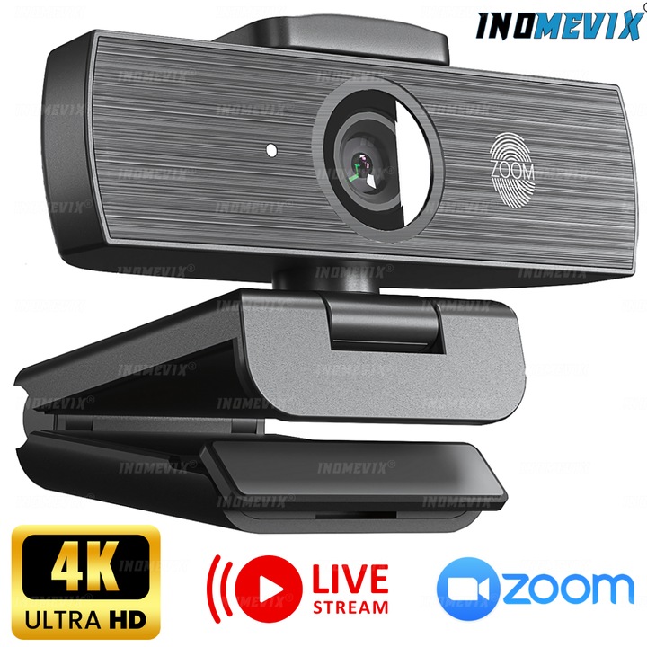 Camera web 4K UHD INOMEVIX®, Webcam cu autofocus, Zoom tactil 8X, Dual microfon cu reducere zgomot, Capac magnetic, USB-C, Plug & Play, Compatibila Windows/Mac/Linux, Camera web pentru conferinte si live streaming