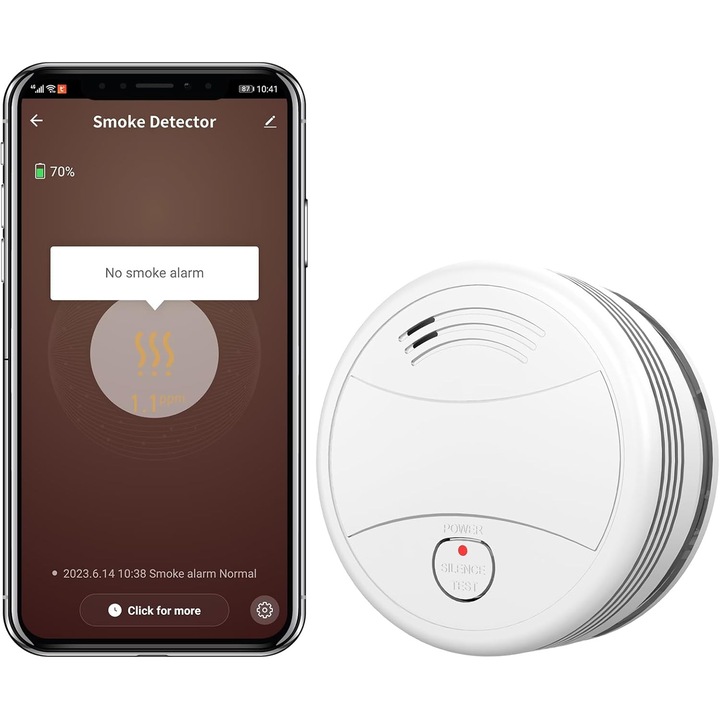 Detector monoxid de carbon si fum WIFI cu baterie compatibil cu Tuya Smart si Smart life