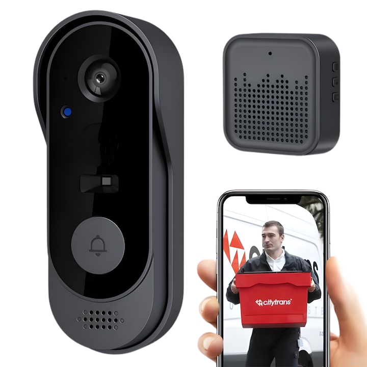 Sonerie video wireless inteligenta, MBSTAR, rezolutie HD 720p, unghi 125°, audio bidirectional, Wi-Fi 2.4GHz, viziune nocturna, aplicatie dedicata, functie de partajare, baterie reincarcabila 1000 mAh, rezistenta la apa, slot MicroSD 64GB, negru