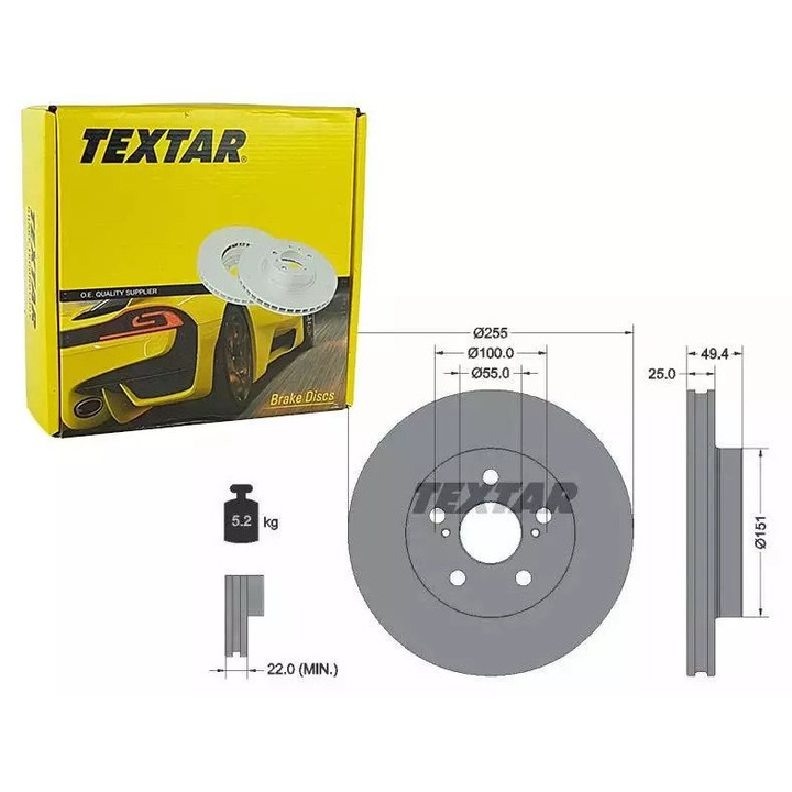 Textar féktárcsa, 255mm, 25mm vastagságú, 5 lyukú, TOYOTA PRIUS 1.8 HYBRID 15- típushoz