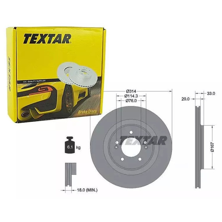 Textar szellőztetett féktárcsa, 314x20mm, 5 lyuk, 190mm, 6.1kg, hátsó, készlet HYUNDAI I30 16-hoz