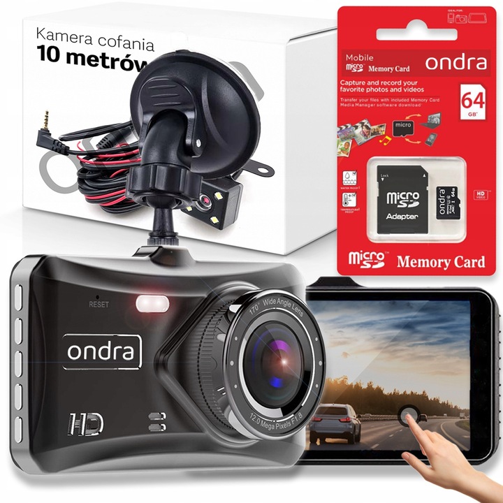 Retea auto Ondra, wideorecorder cu camera de marsarier 10m, card 64GB, ecran tactil 4"