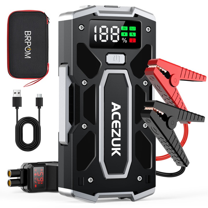 Redresor auto portabil ACEZUK 8000A, pentru vehicule 12V, cu cabluri inteligente, display LED, functie de power bank, lanterna de urgenta