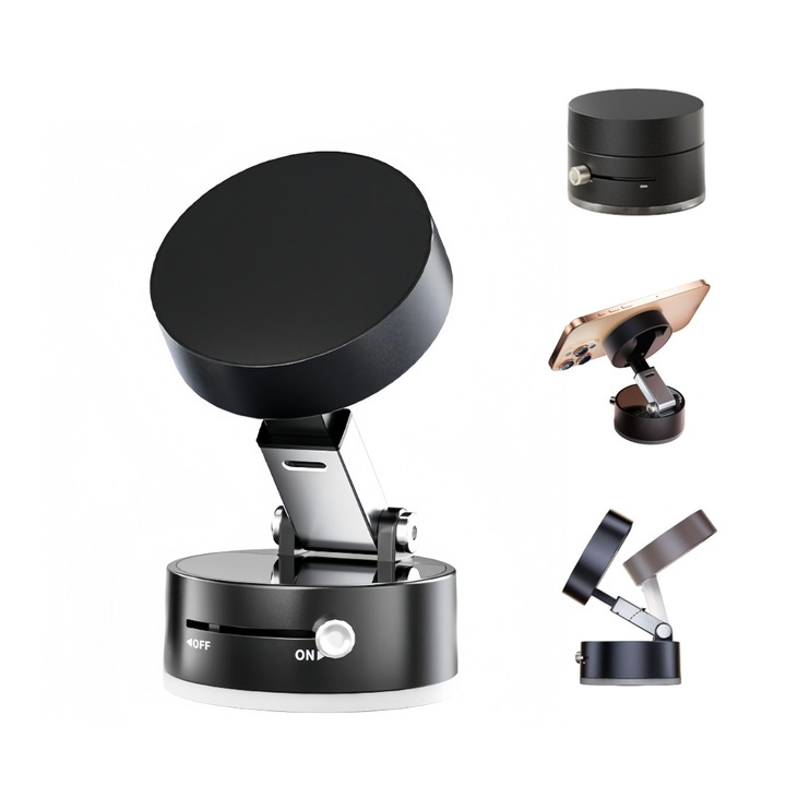 Магнитна стойка със силна вендуза, стабилна технология на засмукване, силен магнит N52, множество ъгли от 180°, свободно разширение, хоризонтално/вертикално/надолу, за дома/пътуване/кола, плочки/мрамор/стъкло/метал/пластмаса, преносима, черна