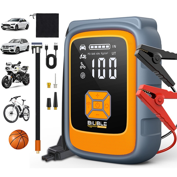 Starter auto portabil, Starter auto portabil cu Compressor Multifunctional 4 in 1 ，BIUBLE 9000A Pornire 12V Compresor Aer + Power Bank 99Wh ，Portabil cu protectii multiple si clame inteligente，Starter Baterie, Power Bank, Lanterna LED SOS，galben