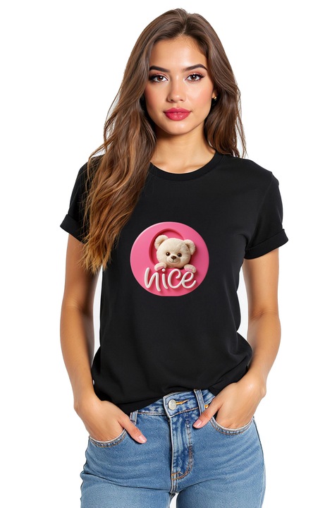 Tricou negru de dama din bumbac cu imprimeu circular modern
