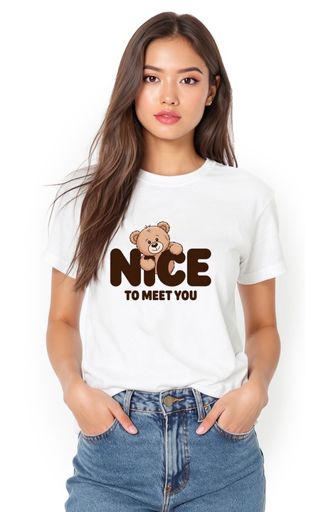 Tricou alb de dama din bumbac cu imprimeu, Bear