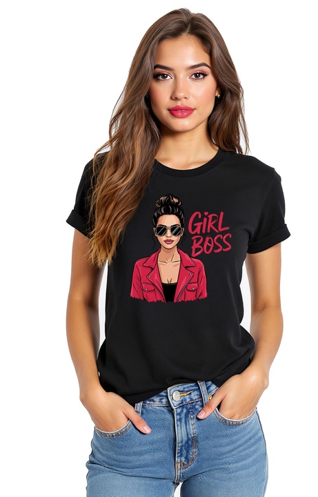 Tricou negru de dama din bumbac cu imprimeu rosu intens