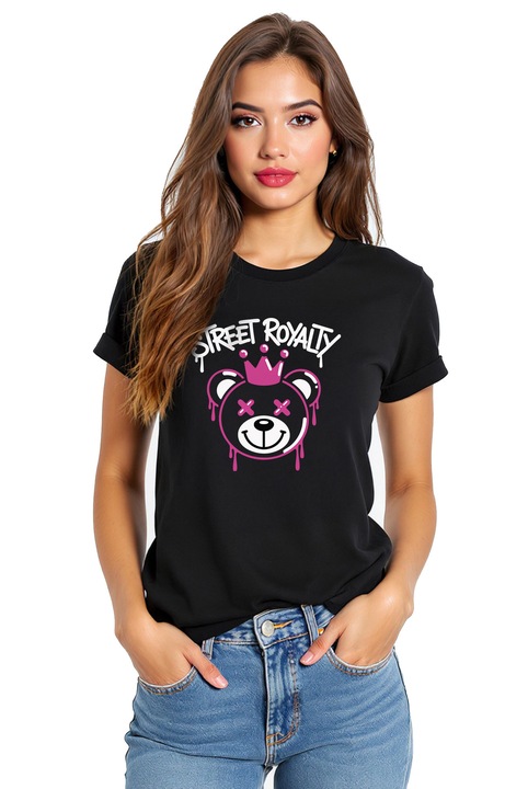 Tricou unisex grafica „Street Royalty” ursulet roz – bumbac 100%, streetwear UNICAT, cadou original, Negru