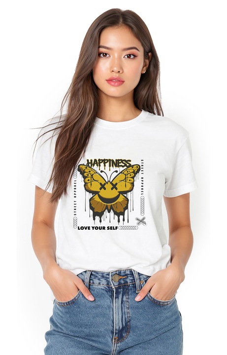 Tricou unisex „Happiness – Love Yourself” fluture galben, bumbac 100, Alb