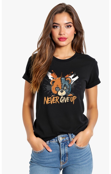 Tricou unisex „Never Give Up” ursulet – bumbac 100, Negru