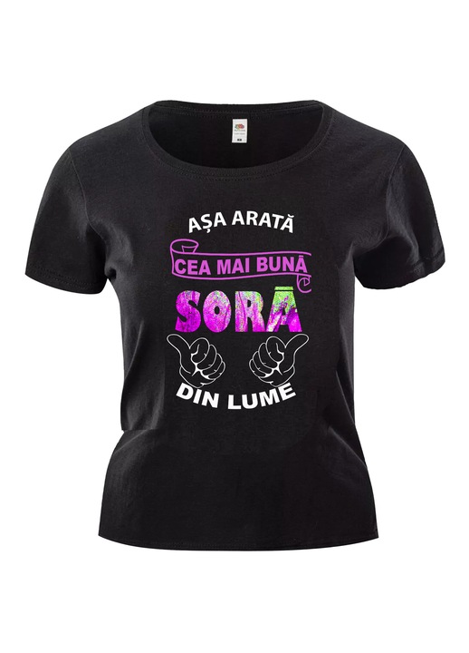 Tricou dama negru cu imprimeu „Cea mai buna sora din lume”, 100% bumbac, XS