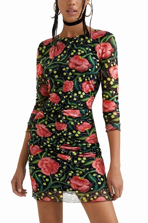 Rochie stratificata cu imprimeu floral Roiane, Rosu/Verde/Negru, XS