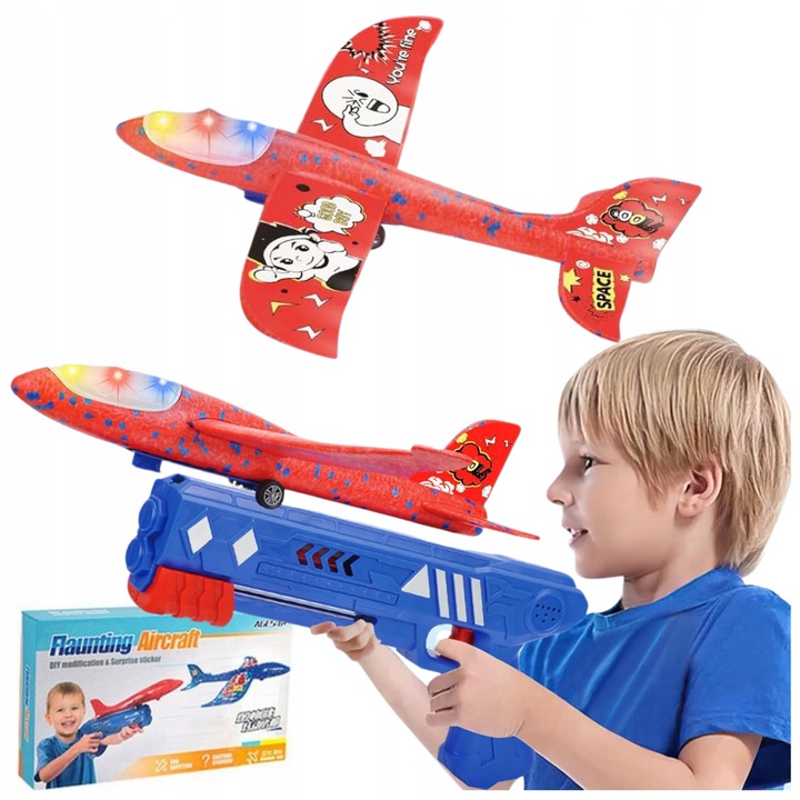 Lansator de avioane, Polistiren, Mare, 35 cm, Iluminat cu LED, Cu autocolante, Alb, Setul include: 1 lansator, 1 set de autocolante, Material: Polistiren, Pentru copii peste 6 ani, Alte personaje