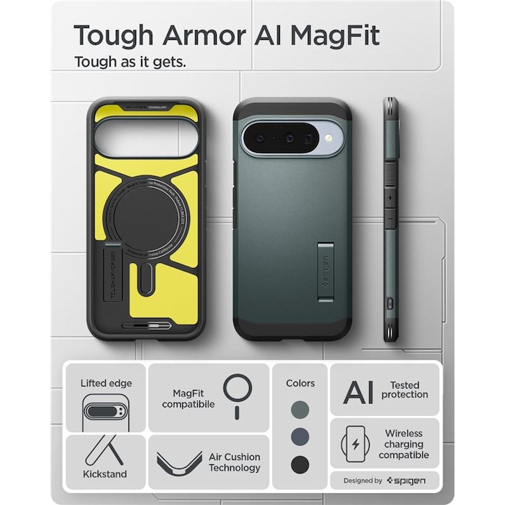 Spigen tough armor mag műanyag mobiltelefon tok, ütésállóság, kitámasztó, magsafe, sötétzöld, kompatibilis: Pixel 10 / Pixel 10 Pro