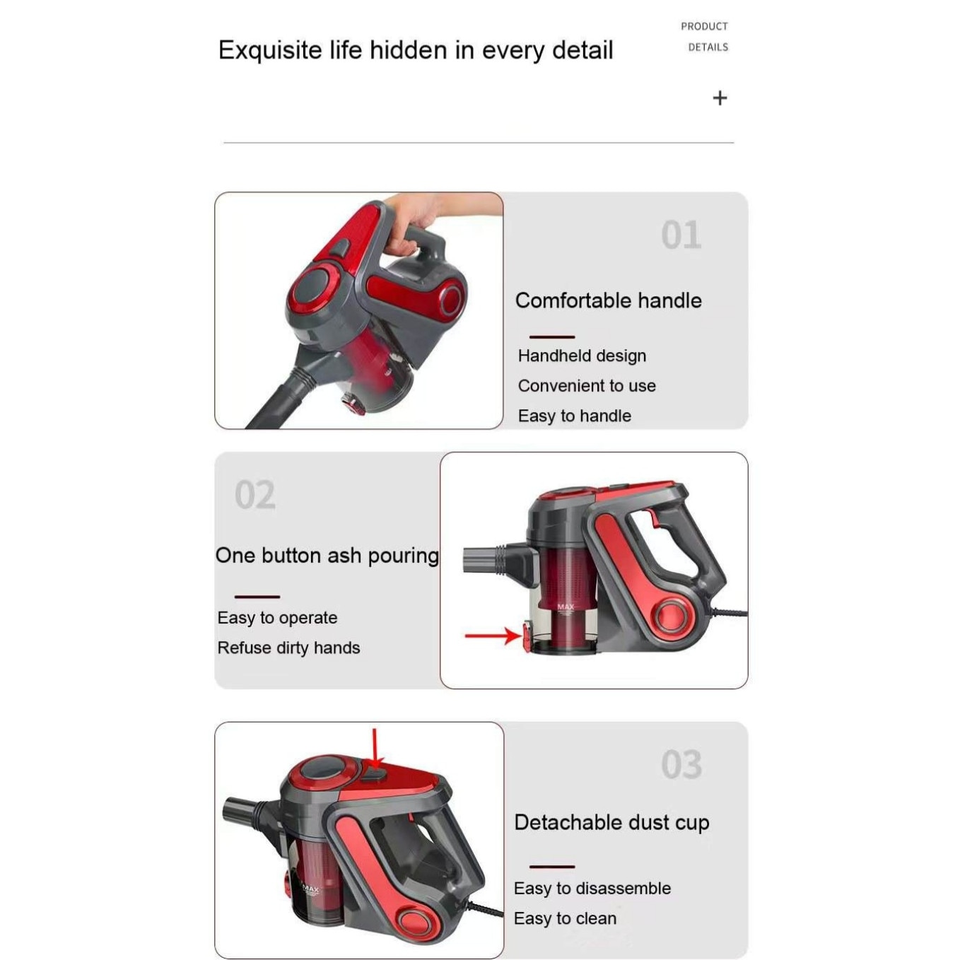 Aspirator, 600W, putere de aspirare 18000Pa, recipient de praf 600ml, filtre multiple, detasabil si lavabil, reducere a zgomotului bas, 103x9cm, rosu
