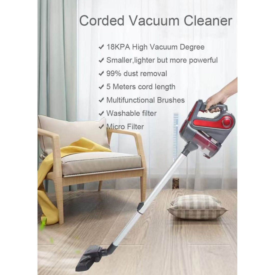 Aspirator, 600W, putere de aspirare 18000Pa, recipient de praf 600ml, filtre multiple, detasabil si lavabil, reducere a zgomotului bas, 103x9cm, rosu