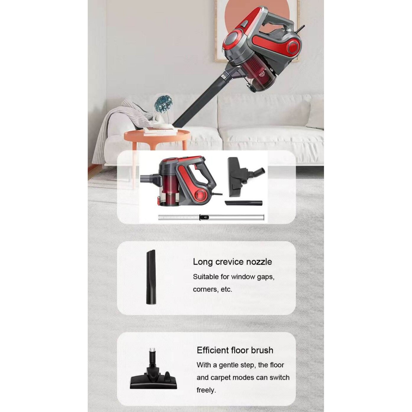 Aspirator, 600W, putere de aspirare 18000Pa, recipient de praf 600ml, filtre multiple, detasabil si lavabil, reducere a zgomotului bas, 103x9cm, rosu