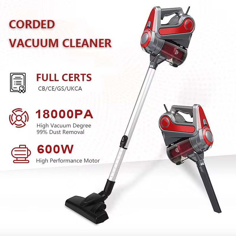 Aspirator, 600W, putere de aspirare 18000Pa, recipient de praf 600ml, filtre multiple, detasabil si lavabil, reducere a zgomotului bas, 103x9cm, rosu